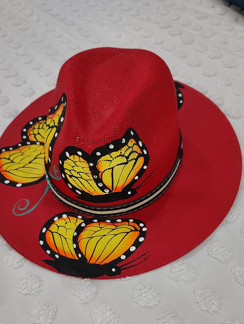 Red Butterfly-Print Wide Brim Women's Hat